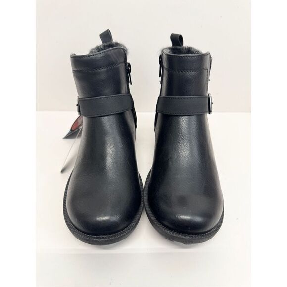 Easy Streets Booties Size 5 Black Block Heel Faux Fur Lug Outsole Faux Leather - Picture 3 of 8